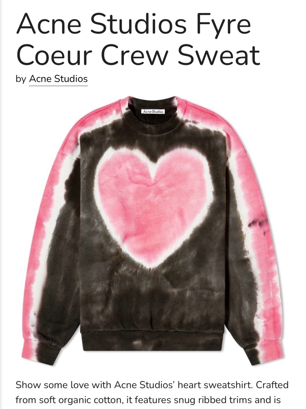 Acne Studios Fyre Coeur Crew Sweatshirt - Pink Heart on Black Tie-Dye